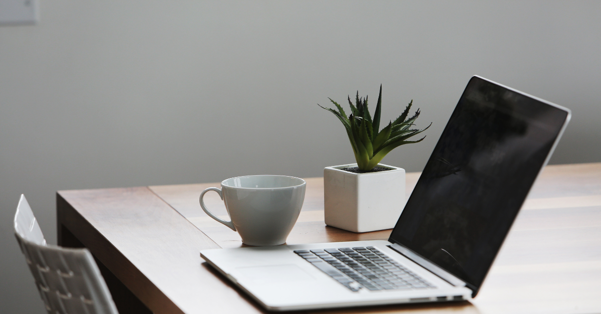 post 1 digitalni marketing, laptop, šoljica kafe i mala saksija sa biljkom na radnom stolu